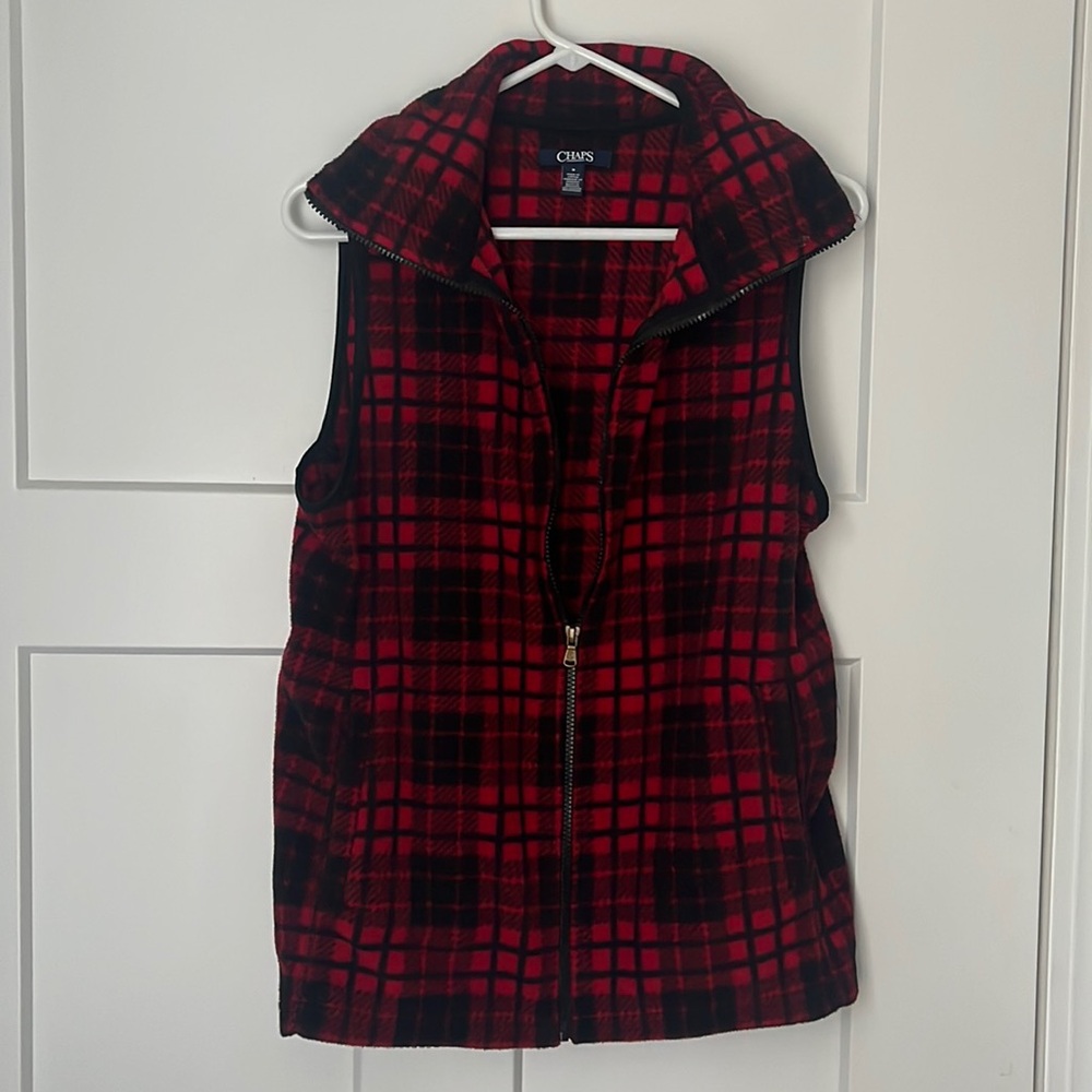 Chaps Black and Red Plaid Fleece Vest
